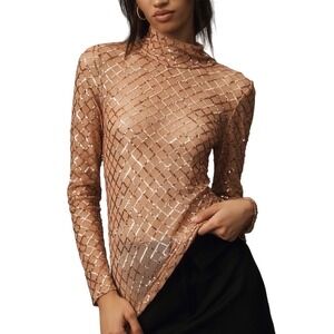 Pilcro Anthropologie Turtleneck Sequin Top‎ Blouse Women's XS Light Sand Sheer